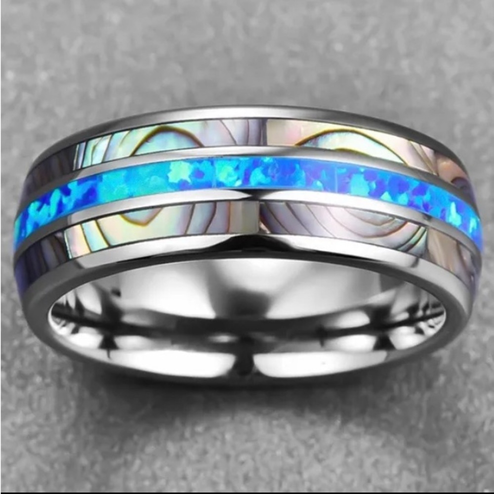 Inlaid Shells Blue Opal Men Rings Steel Carbide NEW Box!!